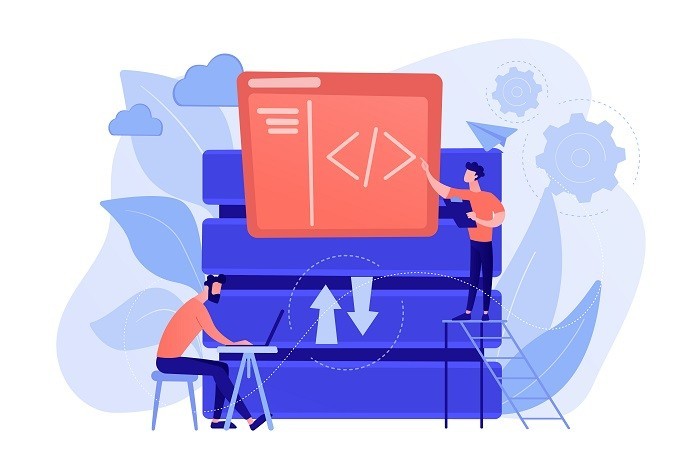 Big data developer concept vector illustration. - Two developers working with big data technology. Big data management and storage, database analytics and design, data software engineering concept. Vector isolated illustration.